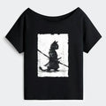 Kyoto-Lion Retro Cat Samurai Japanese Off Shoulder T-Shirt