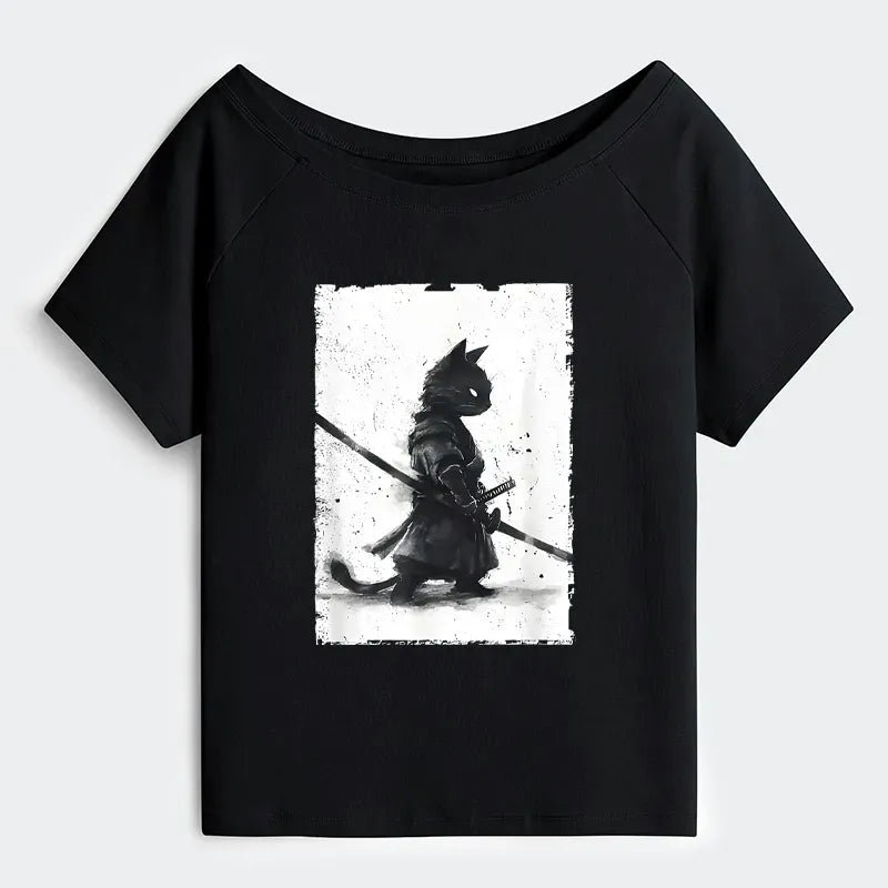 Kyoto-Lion Retro Cat Samurai Japanese Off Shoulder T-Shirt