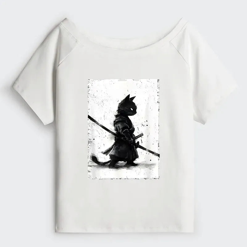 Japanese Samurai Cat Off Shoulder T-Shirt