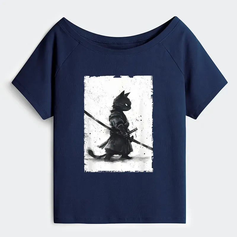 Japanese Samurai Cat Off Shoulder T-Shirt