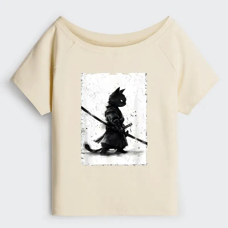 Japanese Samurai Cat Off Shoulder T-Shirt