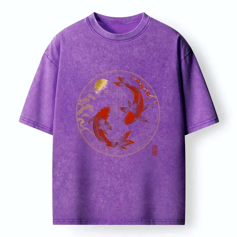 Kyoto-Lion Lucky Koi Fish With Cherry Blossoms Washed T-Shirt