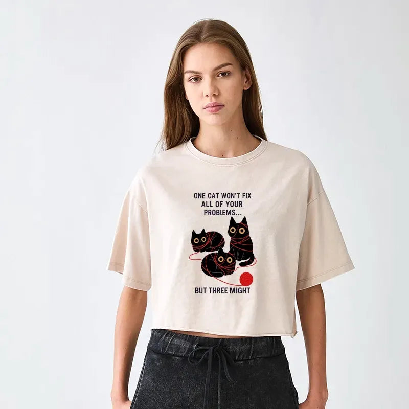 Three Cats Washed Crop Tee for Daily Wear