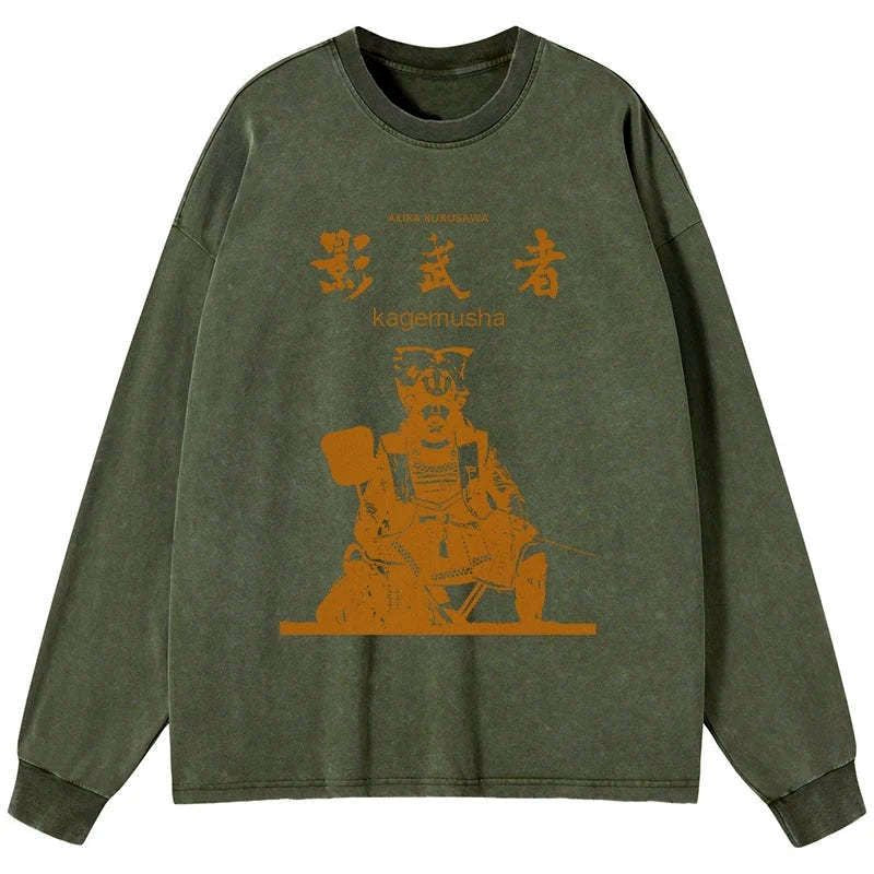 Kyoto-Lion Japanese Shadow Samurai Washed Long Sleeve T-Shirt