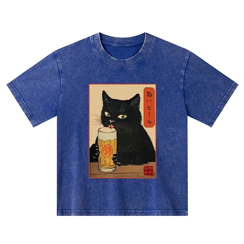 Kyoto Lion Cat Beer Kids Washed T-Shirt
