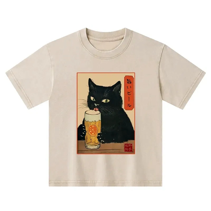 Kyoto-Lion Cat Holding A Glass Of Beer Kids Washed T-Shirt