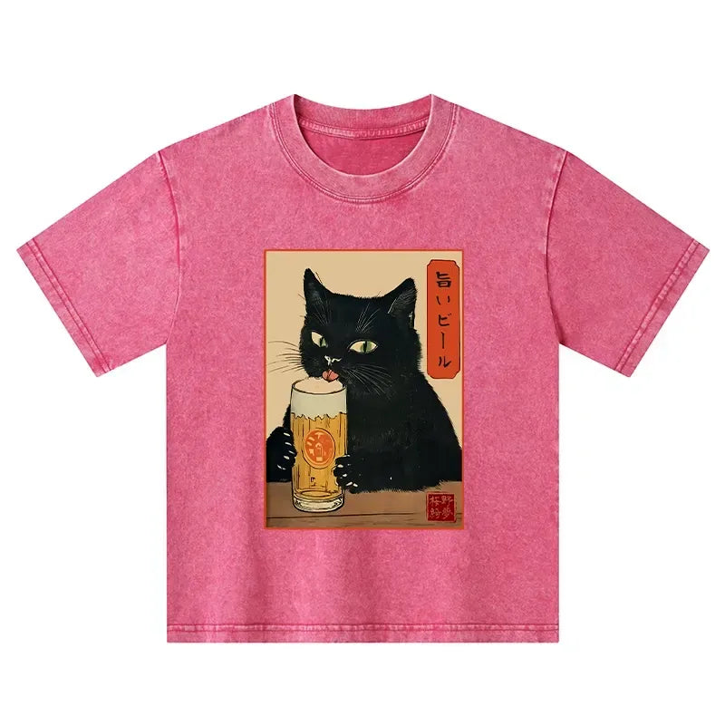 Kyoto Lion Cat Beer Kids Washed T-Shirt