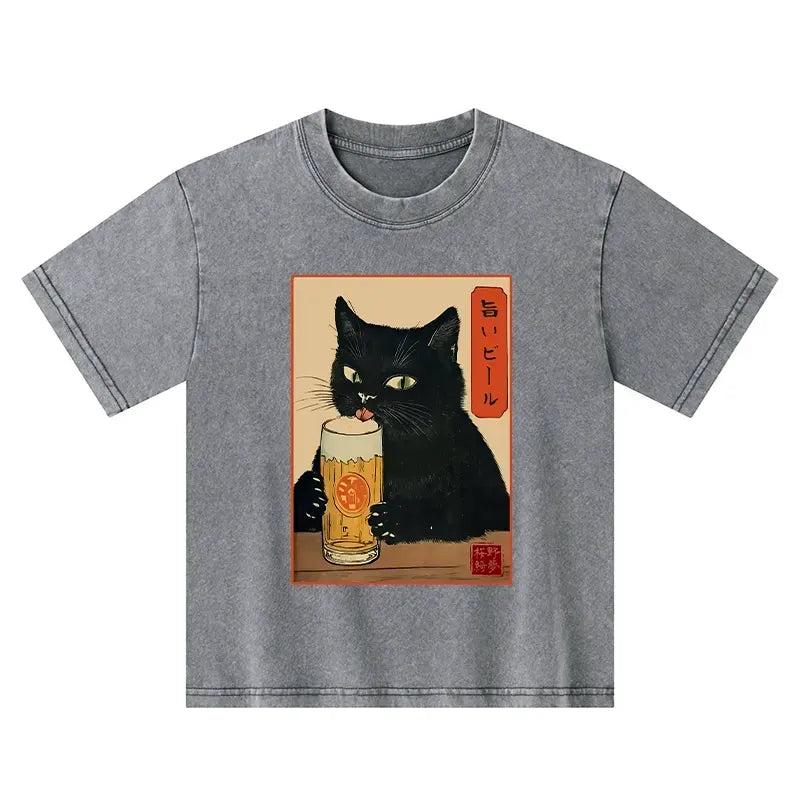 Kyoto-Lion Cat Holding A Glass Of Beer Kids Washed T-Shirt