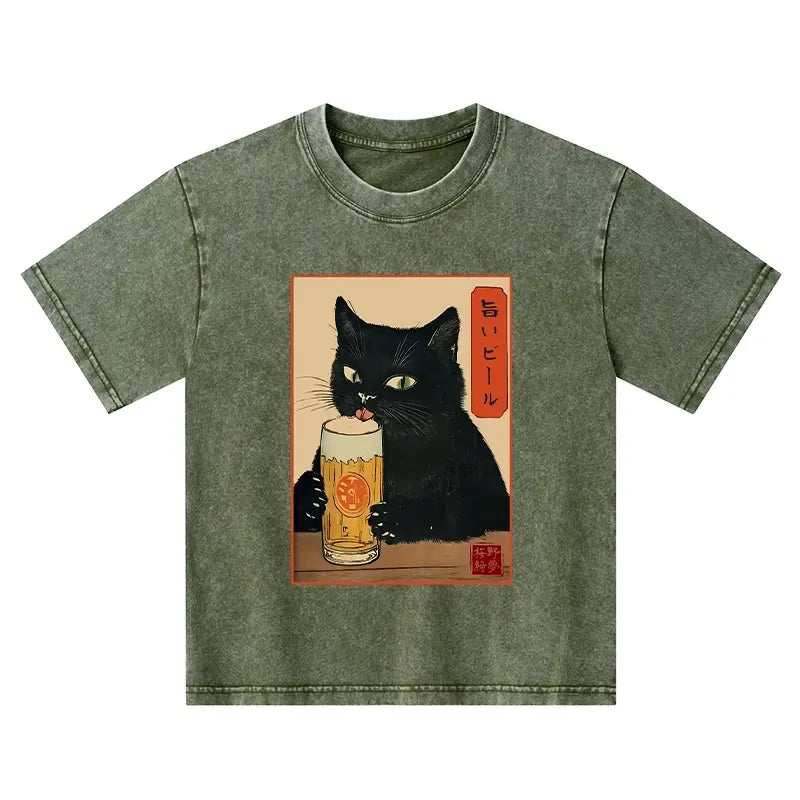Japanese Cat Holding Beer T-Shirt for Kids