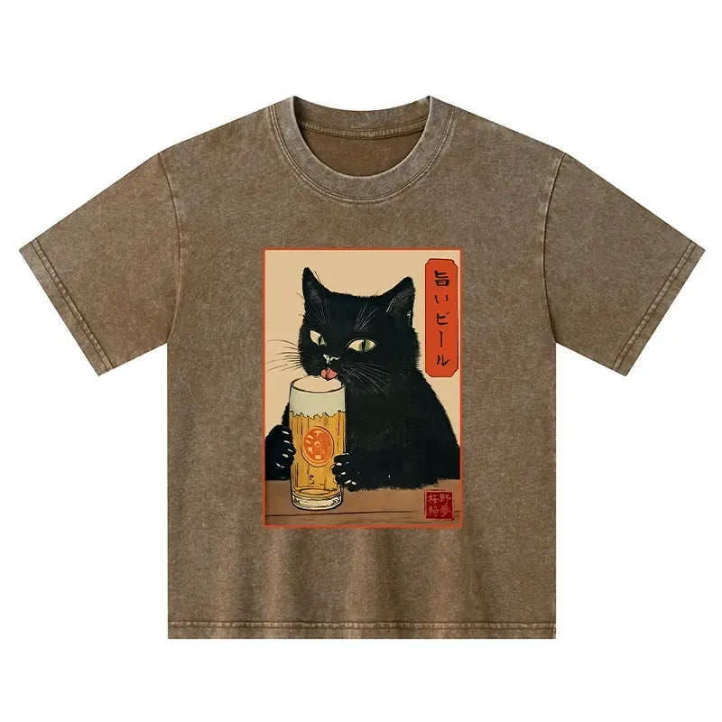 Japanese Cat Holding Beer T-Shirt for Kids