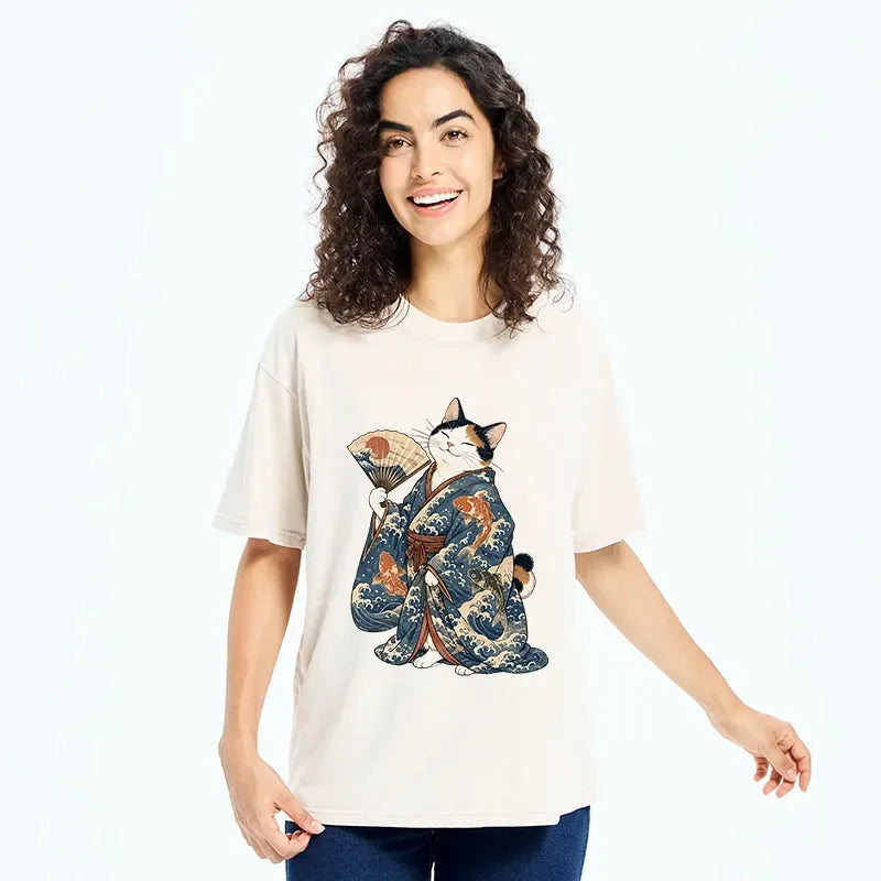 Japanese Cat Washed T-Shirt for Daily Wear