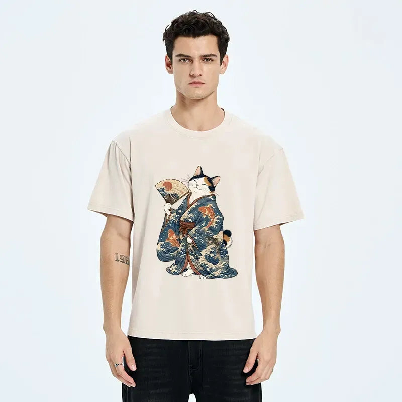 Kyoto-Lion Tea Party Queen Cat From Japan Washed T-Shirt