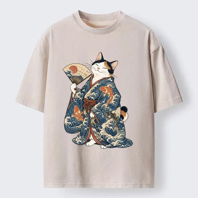 Japanese Cat Washed T-Shirt for Daily Wear