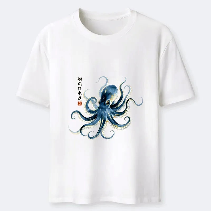 Kyoto-Lion Stylish Blue Octopus Japanese Classic T-Shirt