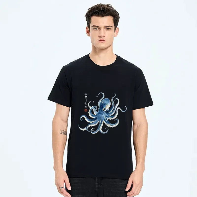 Kyoto-Lion Stylish Blue Octopus Japanese Classic T-Shirt