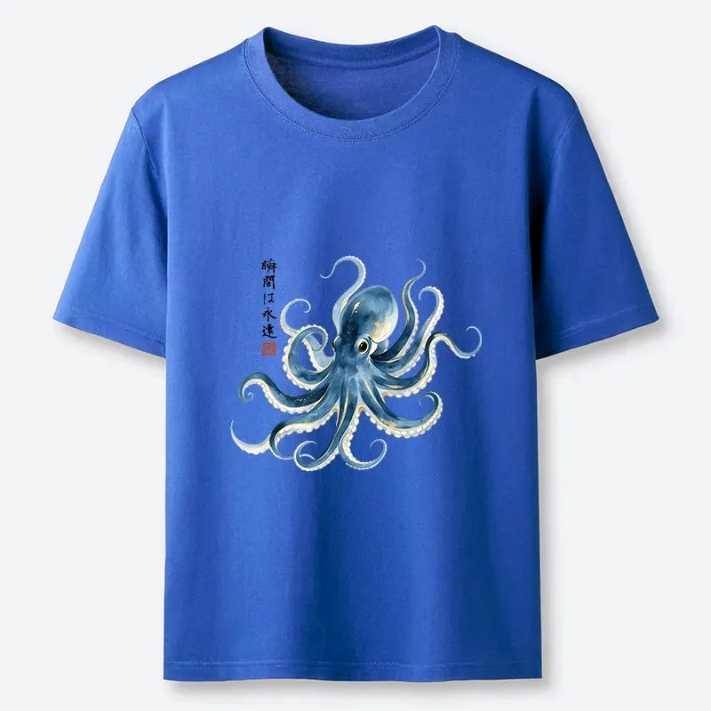 Kyoto-Lion Stylish Blue Octopus Japanese Classic T-Shirt