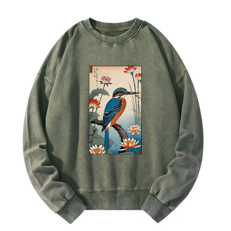 Kyoto-Lion Ukiyo-e Kingfisher Washed Sweatshirt