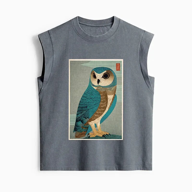 Trendy Owl Woodblock Art Tank Top for Her