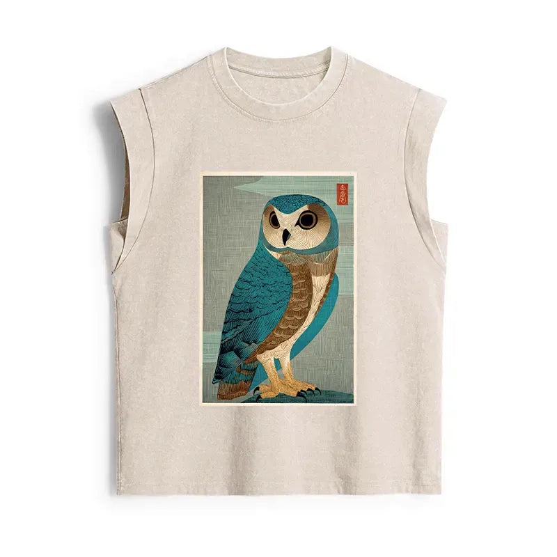 Japanese Owl Woodblock Art Tank for Casual Wear