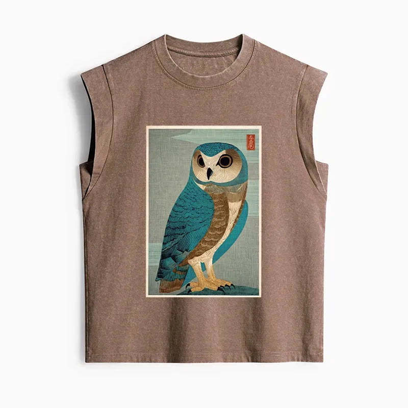 Vintage Owl Woodblock Art Tank Top for Women