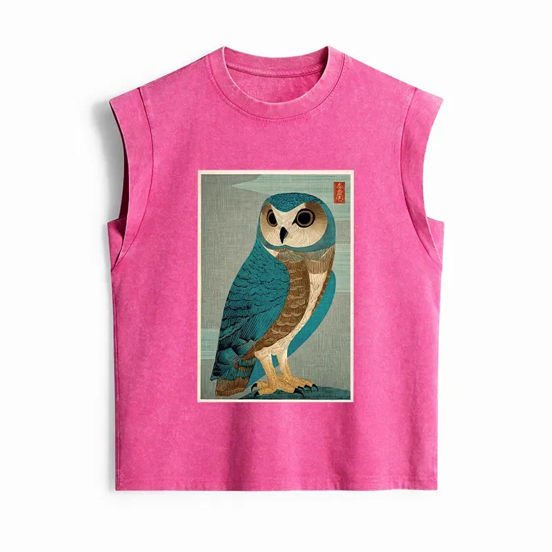Vintage Owl Woodblock Art Tank Top for Women