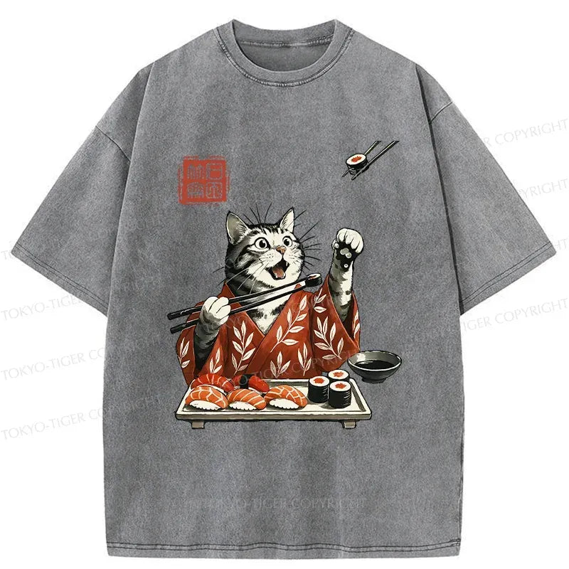 japanese vintage cat eating sushi t-shirt