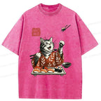 Kyoto-Lion American Shorthair Cat Eating Sushi Washed T-Shirt