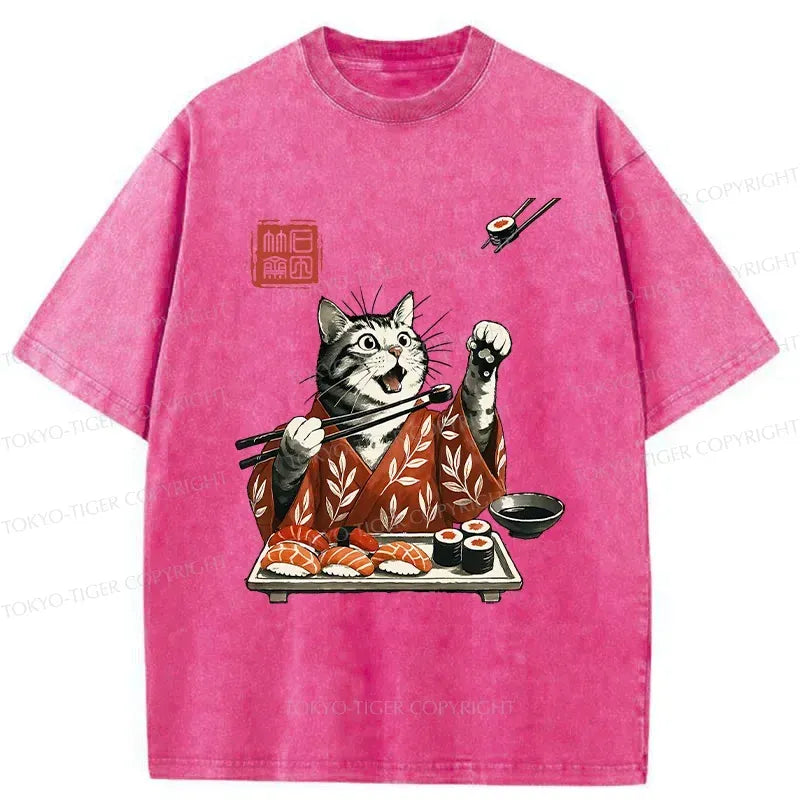 Kyoto-Lion American Shorthair Cat Eating Sushi Washed T-Shirt
