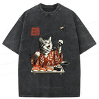 Kyoto-Lion American Shorthair Cat Eating Sushi Washed T-Shirt