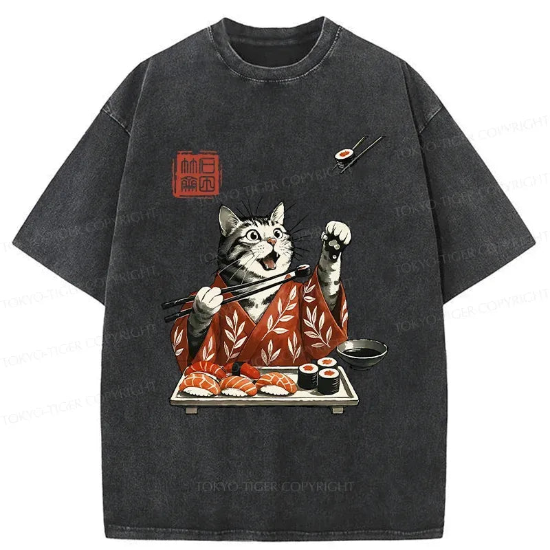 Kyoto-Lion American Shorthair Cat Eating Sushi Washed T-Shirt