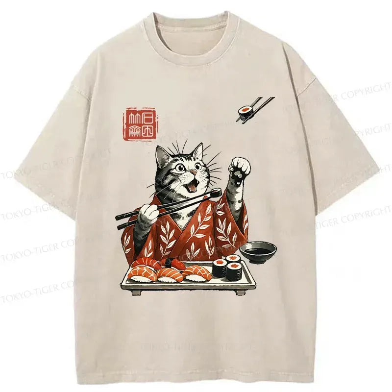 Kyoto-Lion American Shorthair Cat Eating Sushi Washed T-Shirt