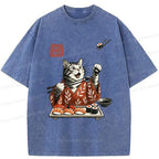 Kyoto-Lion American Shorthair Cat Eating Sushi Washed T-Shirt