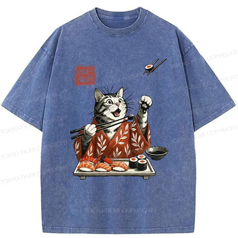 Kyoto-Lion American Shorthair Cat Eating Sushi Washed T-Shirt