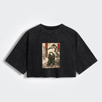 Kyoto-Lion Samurai Frog Training Women's Washed Crop T-Shirt