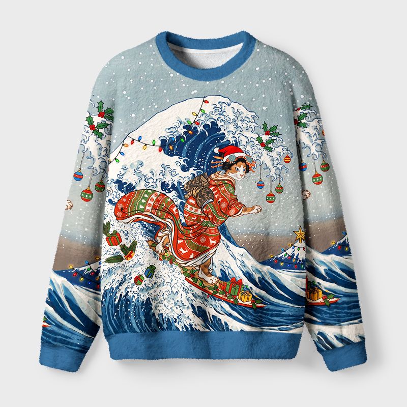Kyoto-Lion Cat Riding The Ukiyo-E Wave Fuzzy Christmas Ugly Sweatshirt