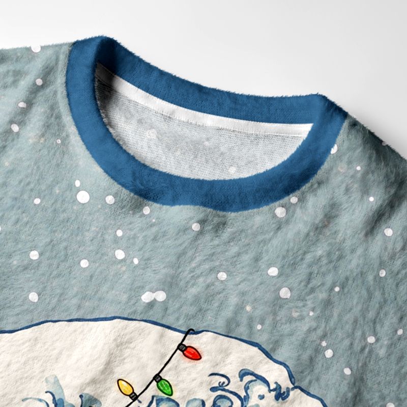 Kyoto-Lion Cat Riding The Ukiyo-E Wave Fuzzy Christmas Ugly Sweatshirt