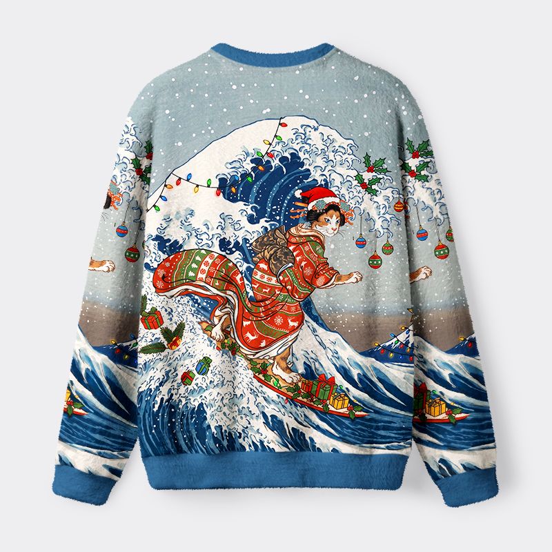 Kyoto-Lion Cat Riding The Ukiyo-E Wave Fuzzy Christmas Ugly Sweatshirt