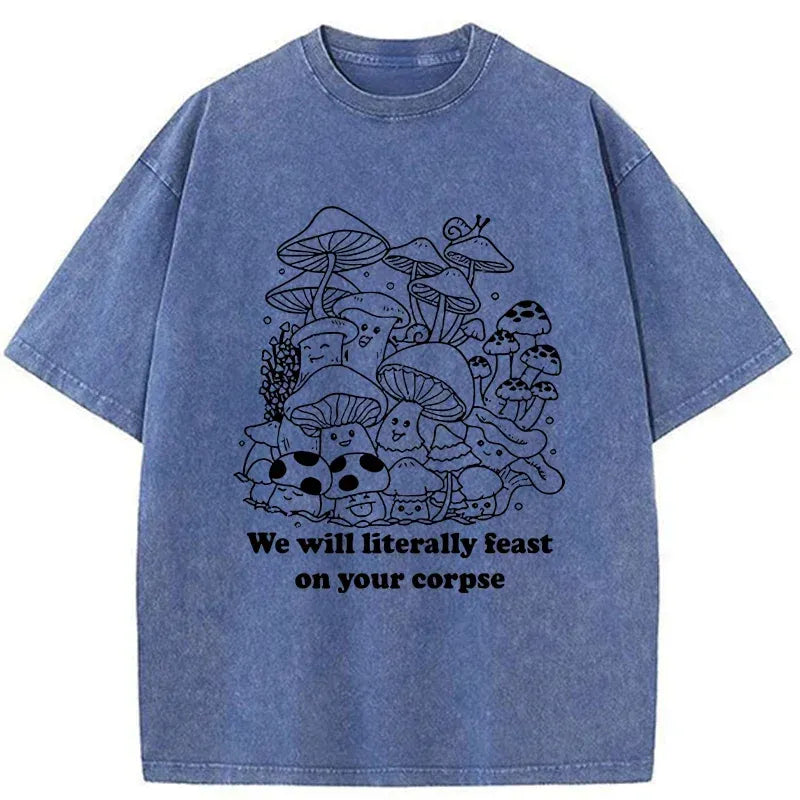 funny mushroom washed t-shirt for men
