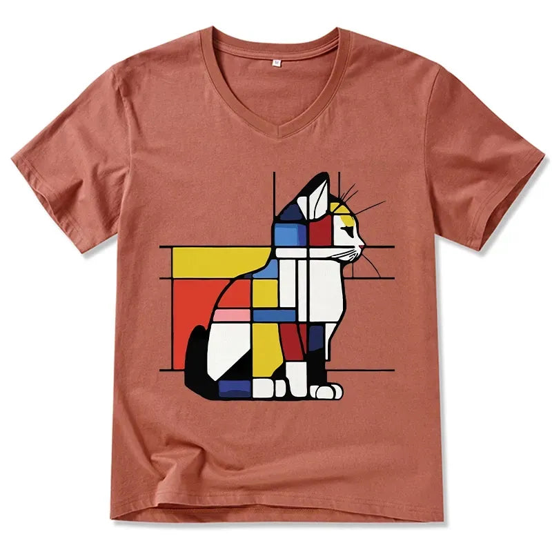 Japanese Geometric Cat V-Neck T-Shirt