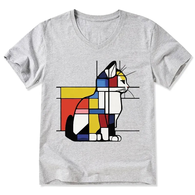 Japanese Geometric Cat V-Neck T-Shirt