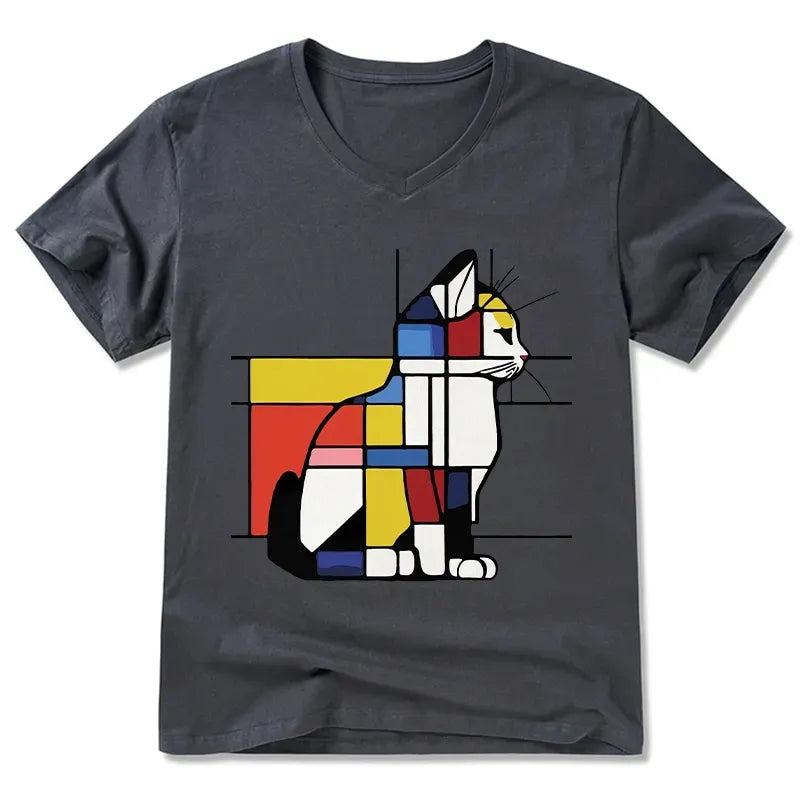 Japanese Geometric Cat V-Neck T-Shirt