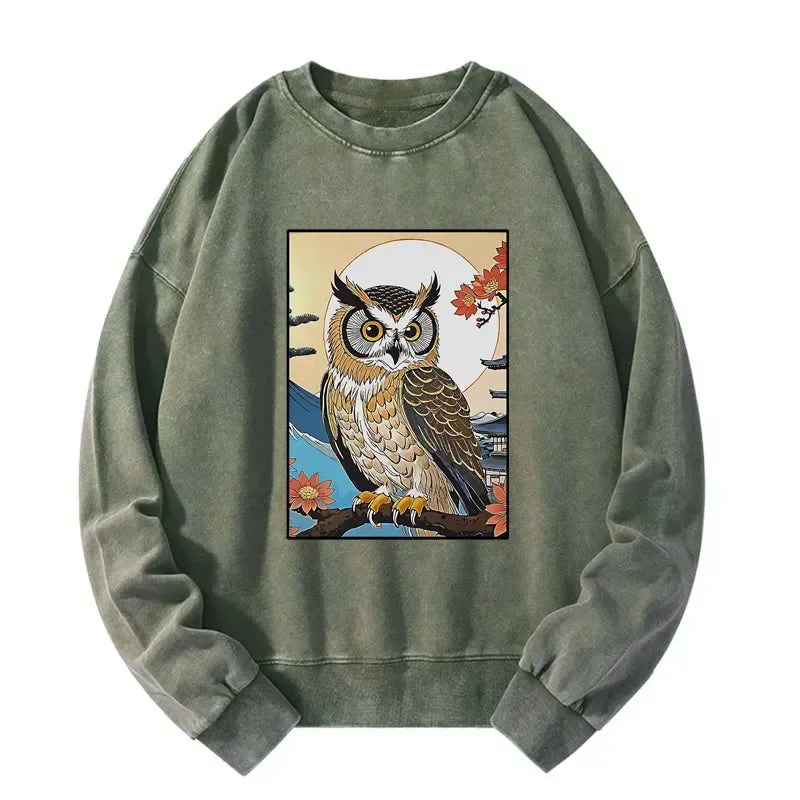Kyoto-Lion Owl Ukiyo-e Washed Sweatshirt