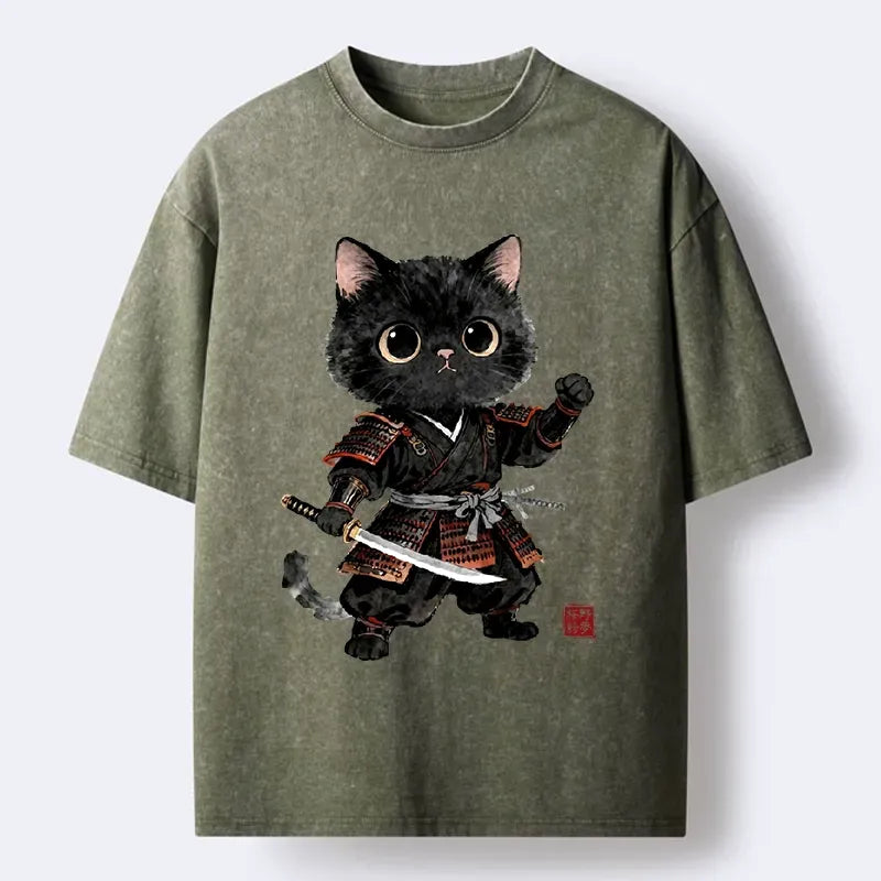 Kyoto-Lion Samurai Black Cat With Katana Cute Art Washed T-Shirt