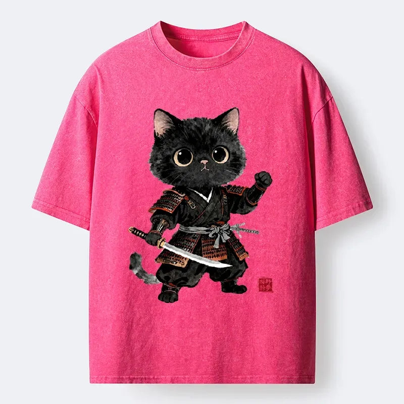 Cute Katana Cat Washed T-Shirt