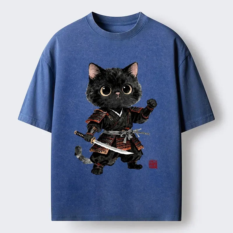 Kyoto-Lion Samurai Black Cat With Katana Cute Art Washed T-Shirt