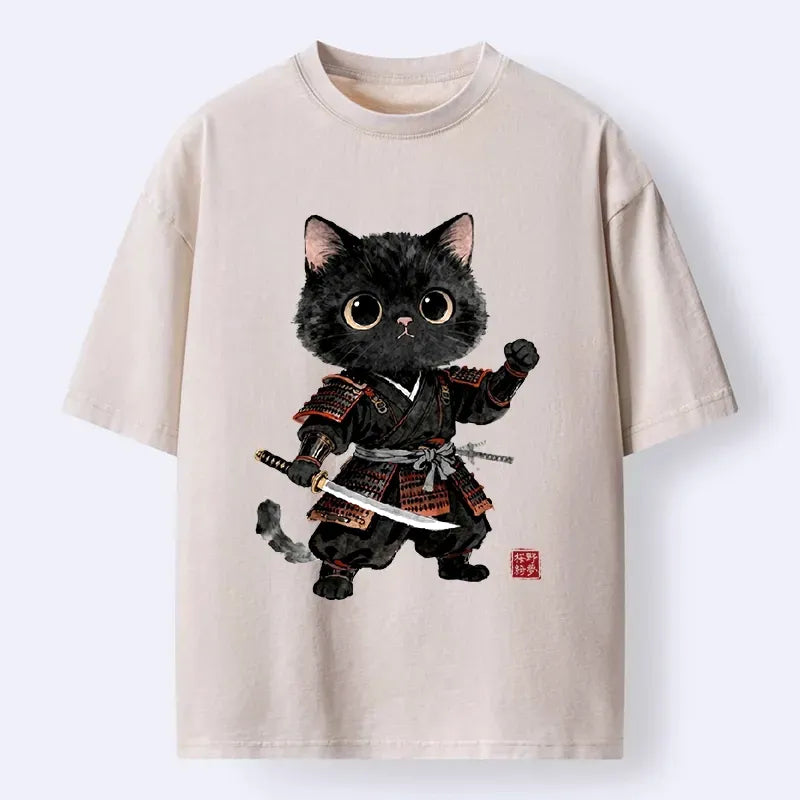 Kyoto-Lion Samurai Black Cat With Katana Cute Art Washed T-Shirt