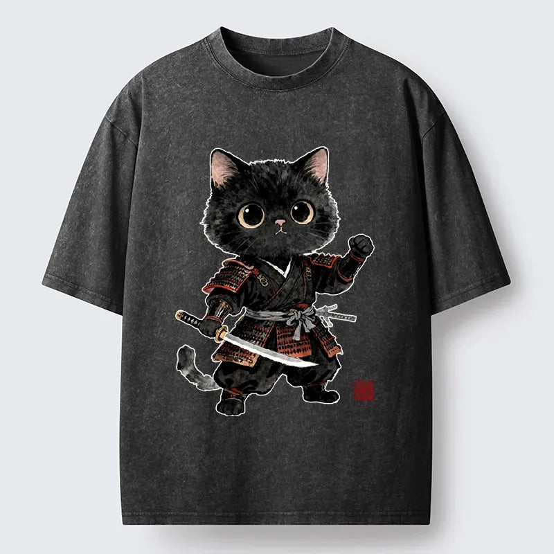 Kyoto-Lion Samurai Black Cat With Katana Cute Art Washed T-Shirt