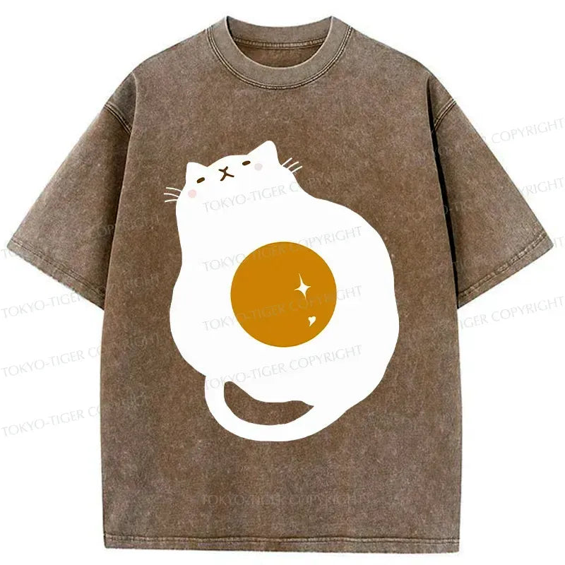 Kyoto-Lion Fried Egg Cat Washed T-Shirt