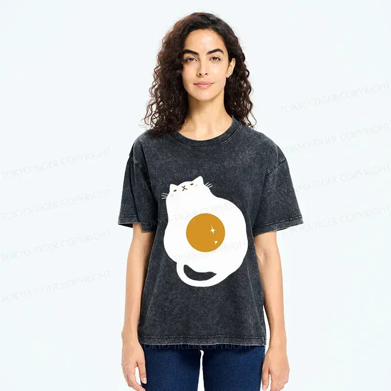 Kyoto-Lion Fried Egg Cat Washed T-Shirt