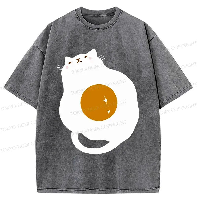 Kyoto-Lion Fried Egg Cat Washed T-Shirt